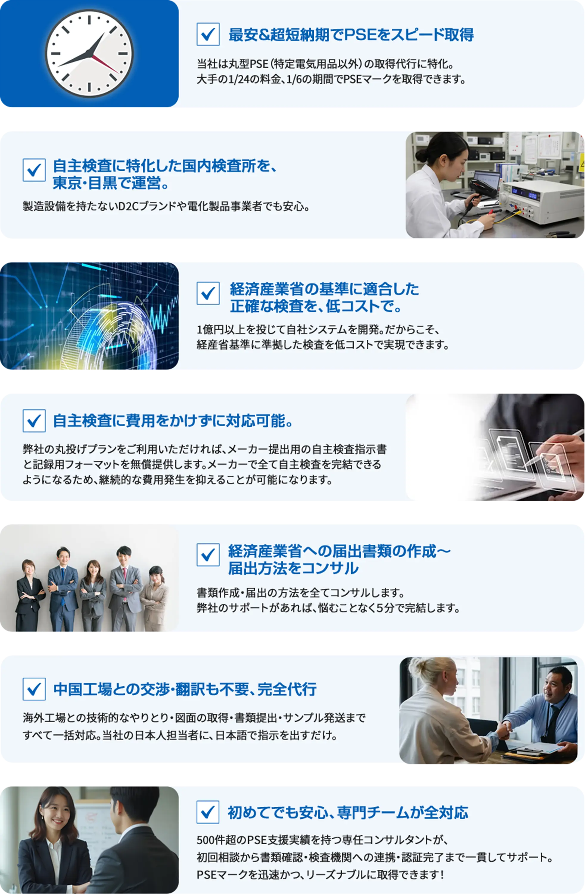 最安&超短納期でPSEをスピード取得 / 国内検査に特化した国内検査所を東京・目黒で運営 / 経済産業省の基準に適合した正確な検査を低コストで / 自主検査に費用をかけずに対応可能 / 経済産業省への届出書類の作成〜提出方法までワンストップ / 中国工場との交渉・翻訳も不要、完全代行 / 初めてでも安心、専門チームが全対応