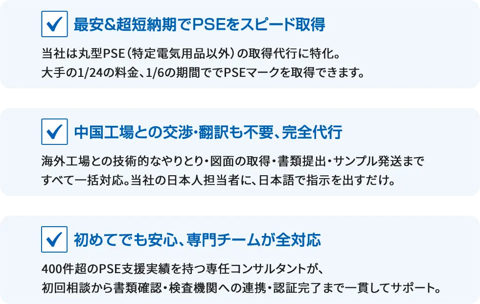 最安＆超短納期でPSEをスピード取得 中国工場との交渉・翻訳も不要、完全代行 初めてでも安心、専門チームが全対応