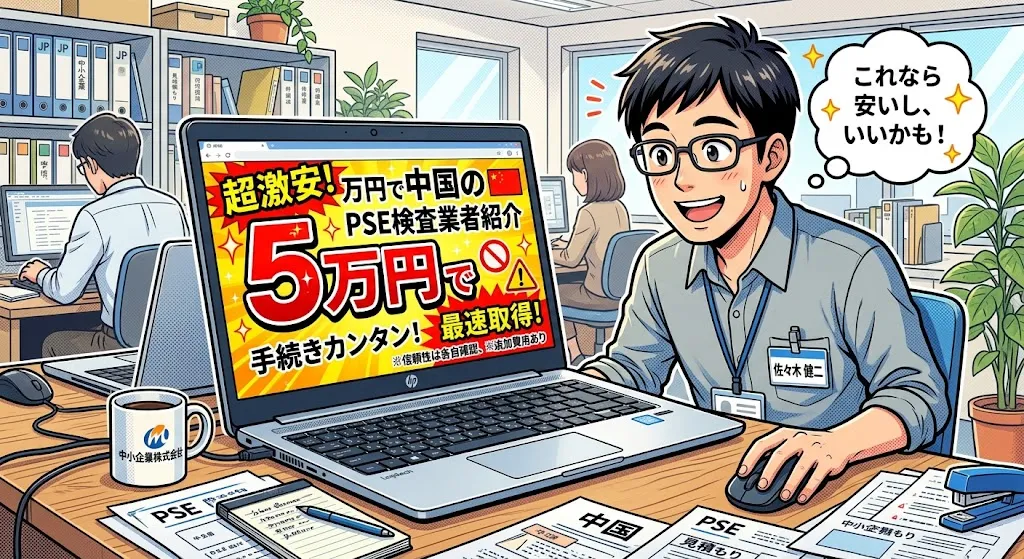 中国でPSE認証が5万円でとれると書いてある広告をパソコンでみてる男